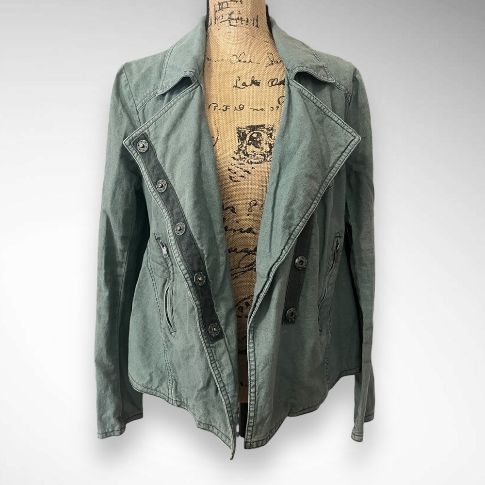 FREE PEOPLE Women's Blueish Green Linen Blend Moto Jacket Medium | EUC - Picture 3 of 8